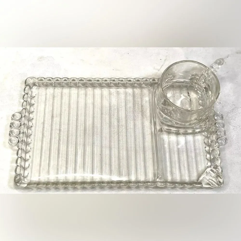 Hazel Atlas Ball & Rib Elegant Clear Glass Smoke Snack & Sip Tray 6 Oz Cup Set